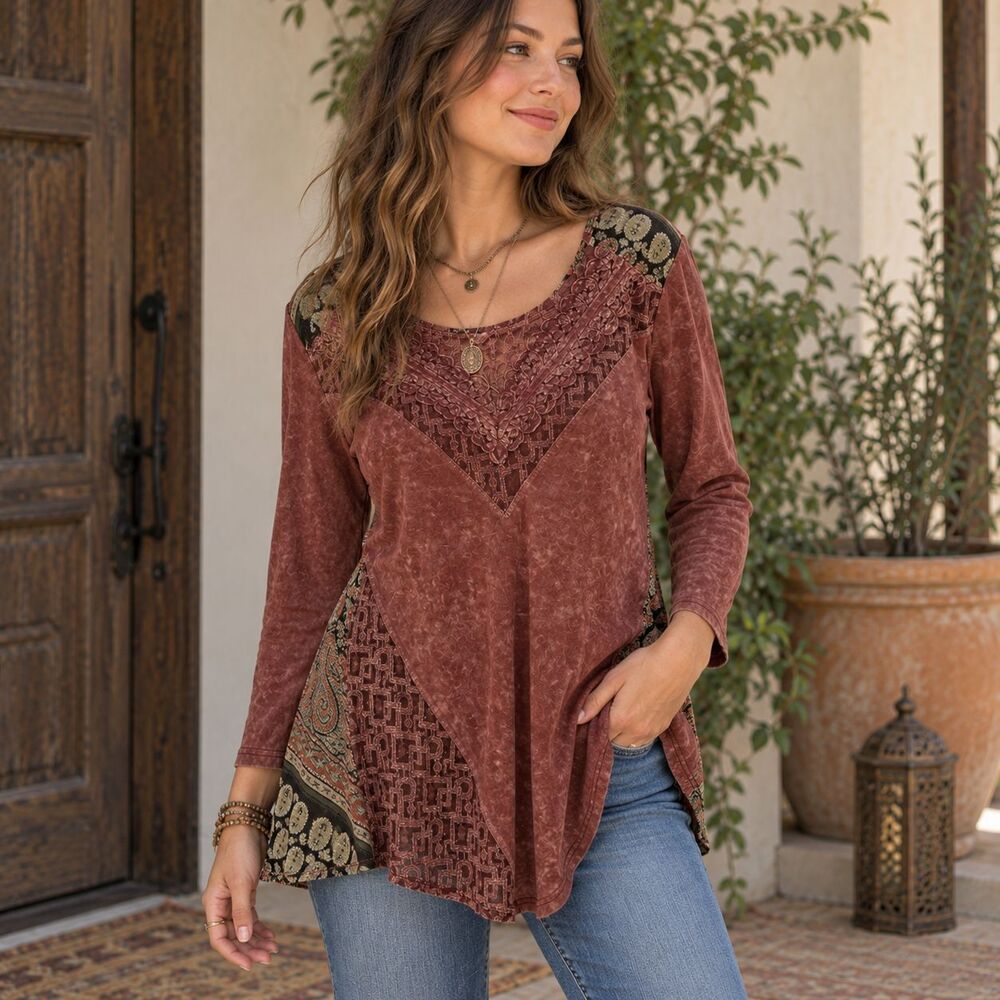 Gimmicks BKE Womens Boho Tunic Top Large Paisley Burnt Pink Open Back Indie